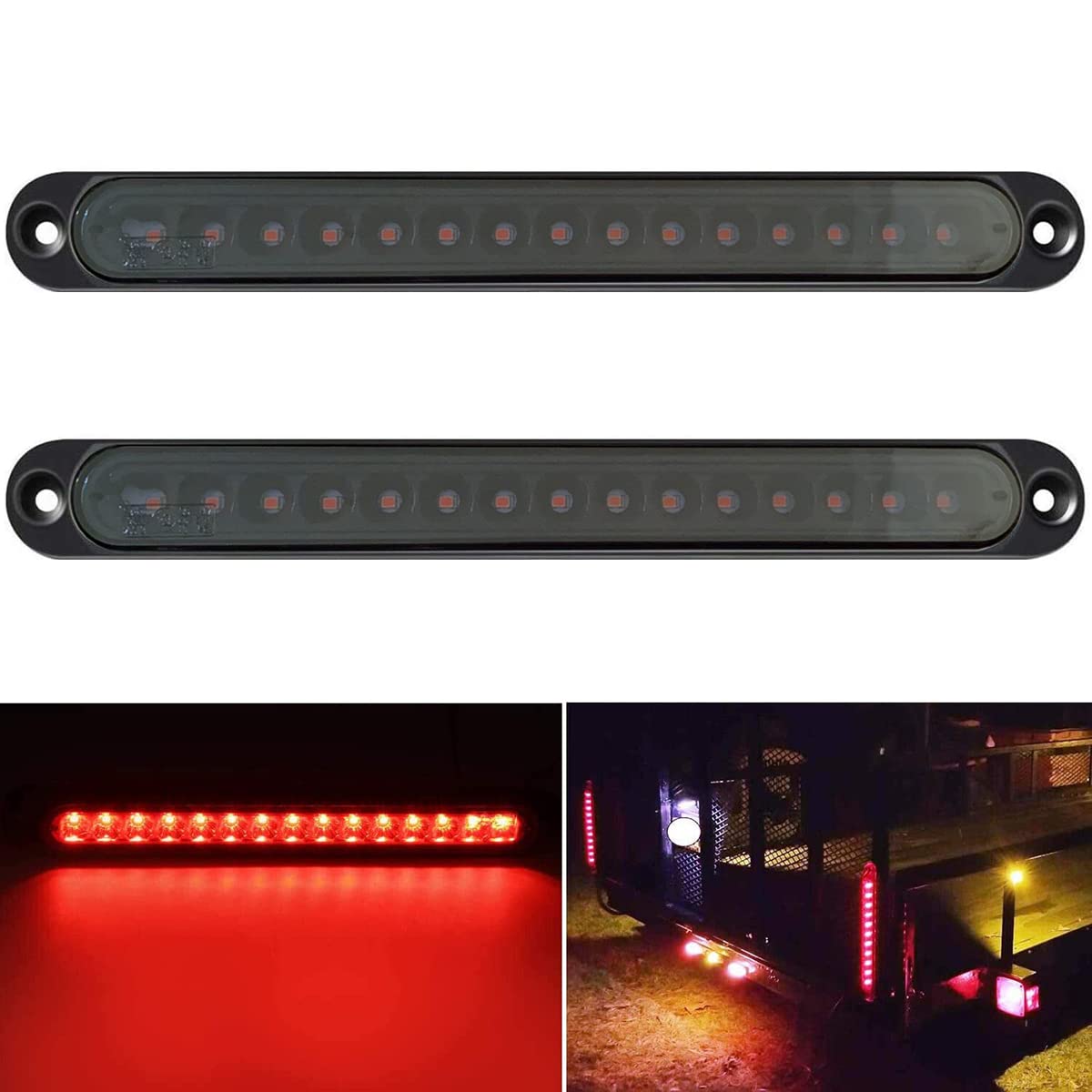 FABOOD F 2PCS 10" 15 LED Red Trailer Light Bar for Park Stop Turn signals Tail Brake Light Waterproof Truck Trailer Marker ID Identification Bar Tail Light Bar (Red With Smoked)